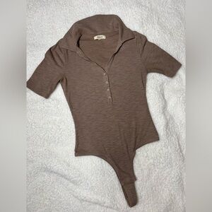 Madewell Brown Short-Sleeve Ribbed Polo Bodysuit